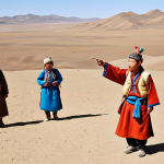 **Prompt:** A Mongolian tour guide, dressed in traditional attire, leading a group of tourists through the Gobi Desert. Focus on the vast landscape and the guide pointing out historical or geographical features. Include details like a license badge subtly visible on the guide's clothing. Style: Realistic, travel photography.