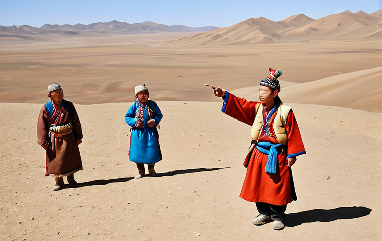 **Prompt:** A Mongolian tour guide, dressed in traditional attire, leading a group of tourists through the Gobi Desert. Focus on the vast landscape and the guide pointing out historical or geographical features. Include details like a license badge subtly visible on the guide's clothing. Style: Realistic, travel photography.