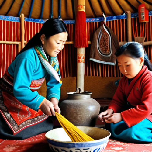 Home 6 A Mongolian family inside their traditionally decorated ger, meticulously cleaning and preparing for Tsagaan Sar. Focus on the details like traditional silk scarves (khadaks), incense, and symbols of the animal year. The atmosphere should be warm and inviting, showing a sense of anticipation and family unity.