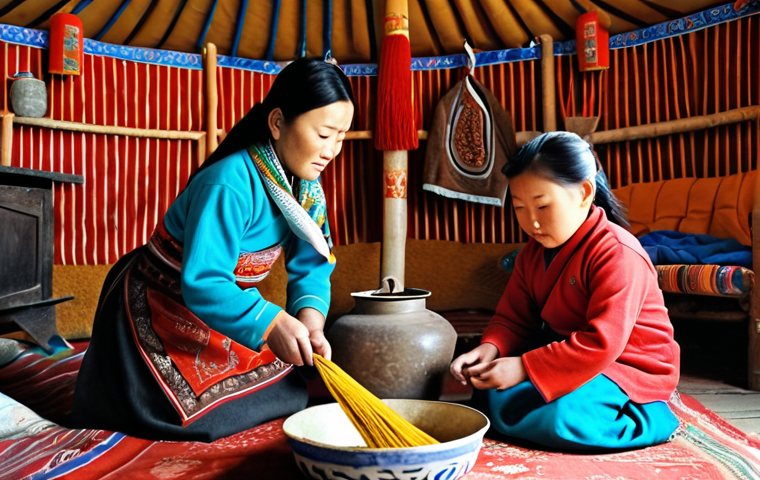 A Mongolian family inside their traditionally decorated ger, meticulously cleaning and preparing for Tsagaan Sar. Focus on the details like traditional silk scarves (khadaks), incense, and symbols of the animal year. The atmosphere should be warm and inviting, showing a sense of anticipation and family unity.