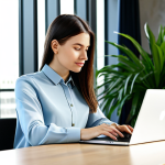 **

"A professional woman, fully clothed in a modest business casual outfit (blouse and slacks), working on a laptop at a desk in a modern co-working space. Natural lighting, plants in the background. Safe for work, appropriate content, perfect anatomy, correct proportions, well-formed hands, professional, family-friendly."

**