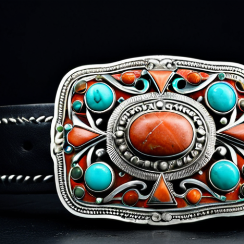 Home 20 **
"A close-up of a traditional Mongolian silver belt buckle, intricately carved with geometric patterns, adorned with turquoise and coral stones, resting on a dark leather surface, fully clothed, safe for work, appropriate content, modest, perfect anatomy (of the design elements), correct proportions, professional product photography, high quality, well-defined details."
**