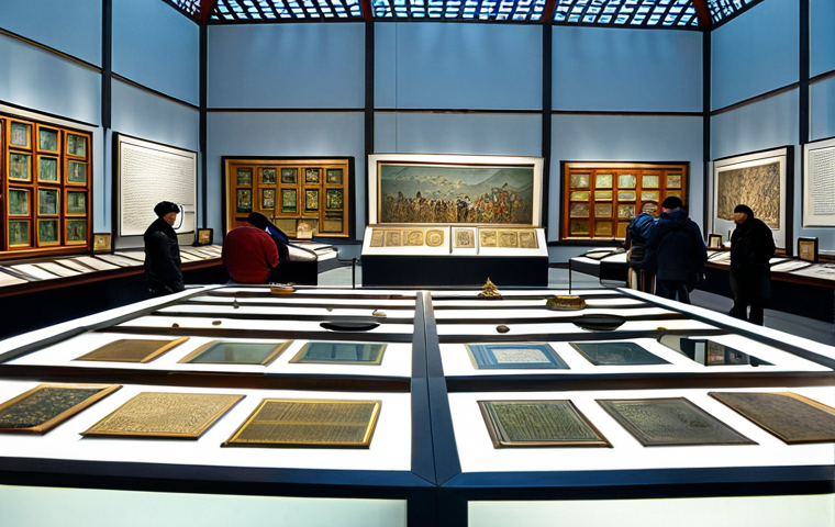 **

"A panoramic view inside the National Museum of Mongolian History in Ulaanbaatar, showcasing artifacts from the Mongol Empire era, including weapons, traditional clothing, and religious items. The scene is well-lit, emphasizing the intricate details of the exhibits. Visitors are observing the displays with interest. Display cases and informational signs are visible. Fully clothed visitors, appropriate content, safe for work, perfect anatomy, correct proportions, professional museum photography, high quality, modest."

**