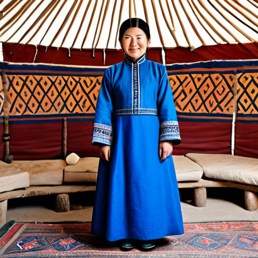 몽골 전통 의복의 상징성 - **
"A Mongolian woman in a modest, blue deel with "Алхан хээ" (Alkhan Khee) patterns, standing in a...