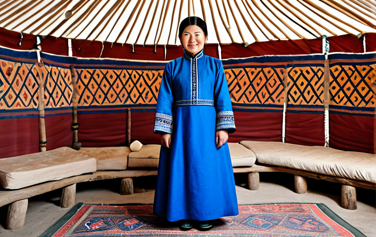 몽골 전통 의복의 상징성 - **
"A Mongolian woman in a modest, blue deel with "Алхан хээ" (Alkhan Khee) patterns, standing in a...