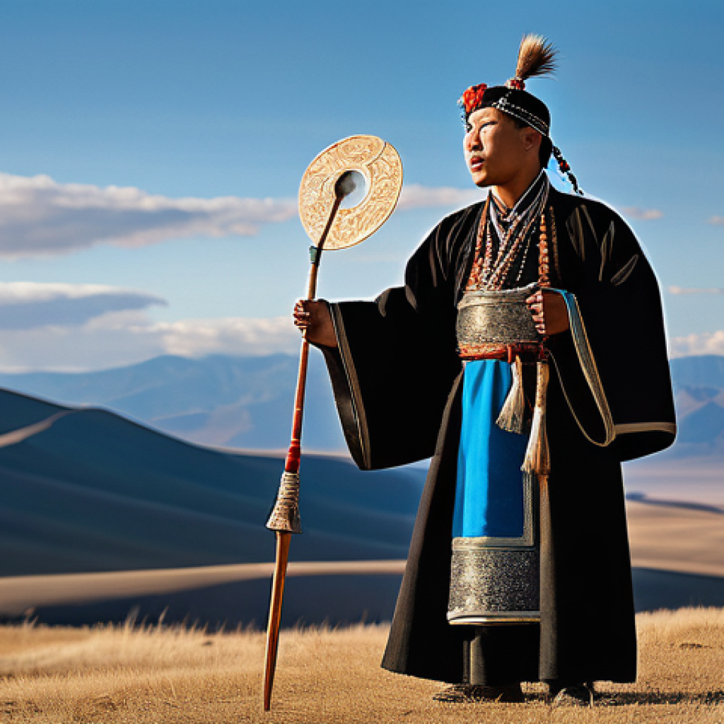 몽골의 전통 악기 - **Prompt:** A male Mongolian throat singer (Khoomei performer) in traditional deel attire, standing ...