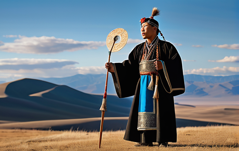 몽골의 전통 악기 - **Prompt:** A male Mongolian throat singer (Khoomei performer) in traditional deel attire, standing ...