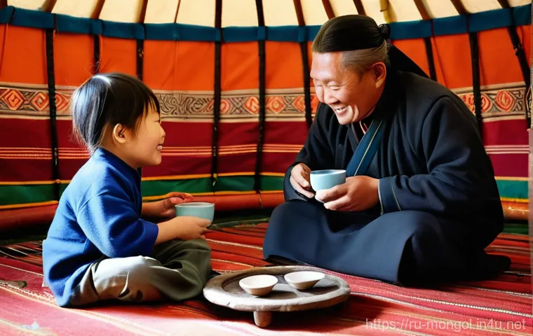몽골에서의 문화적 체험 - **A Heartwarming Family Moment in a Yurt:**
    A vibrant, realistic photograph capturing a multi-ge...