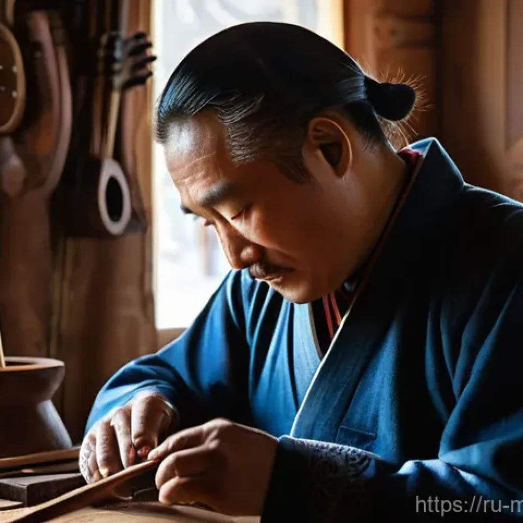 몽골의 전통 도구 제작 - **A master craftsman meticulously carving a traditional Mongolian Morin Khuur (horsehead fiddle) in ...