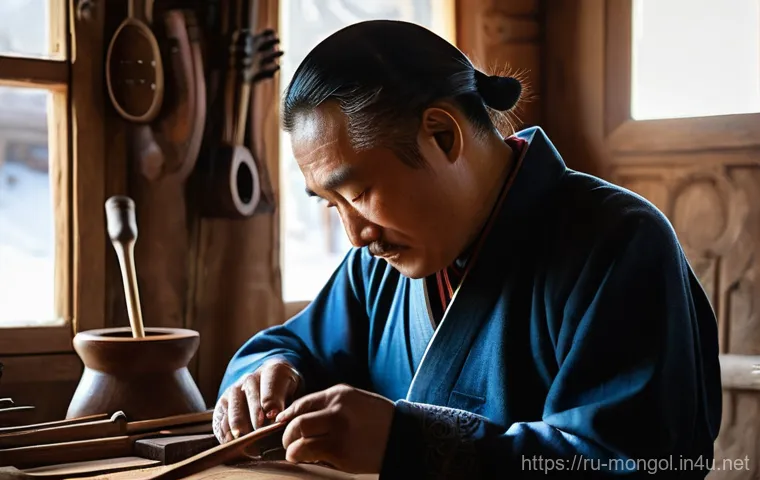 몽골의 전통 도구 제작 - **A master craftsman meticulously carving a traditional Mongolian Morin Khuur (horsehead fiddle) in ...