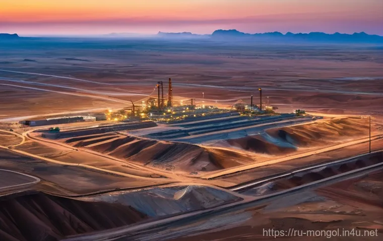 몽골의 주요 경제 성장 동력 - **Prompt:** A panoramic view of a massive open-pit copper and gold mine, reminiscent of Oyu Tolgoi, ...