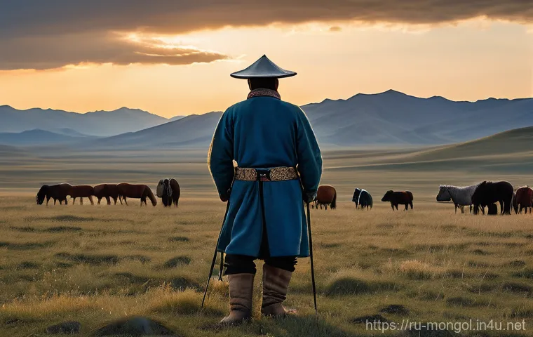 몽골 농업 산업 변화 - **Prompt:** "A panoramic view of a vast Mongolian steppe at dawn, bathed in soft, golden light. In t...