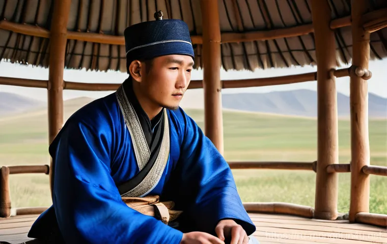 몽골의 유명 작가 - **"Genesis of a Voice: The Steppe's Whisper"**
A thoughtful, young Mongolian man in his late 20s...