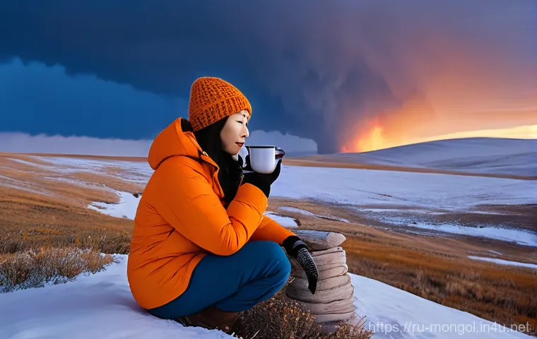 몽골 여행자의 주요 실수 - **Prompt 1: Mongolian Steppe's Unexpected Chill**
    "A lone female traveler, dressed in multiple l...