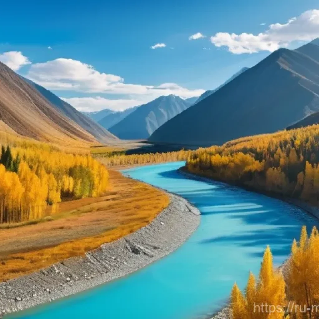 몽골 바르가자르 체험 - **Golden Autumn Altai Mountain Landscape with Turquoise River**
    A wide-angle, panoramic photogra...