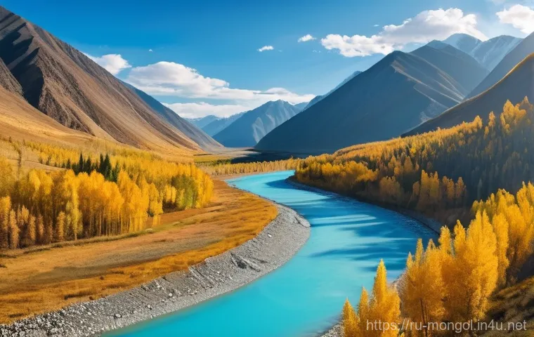 몽골 바르가자르 체험 - **Golden Autumn Altai Mountain Landscape with Turquoise River**
A wide-angle, panoramic photogra...
