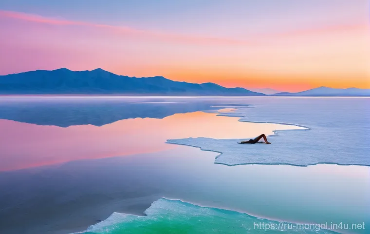 몽골 소금 호수 - **Prompt 1: Serene Salt Lake Rejuvenation**
A tranquil, high-angle view of a person (adult, fema...