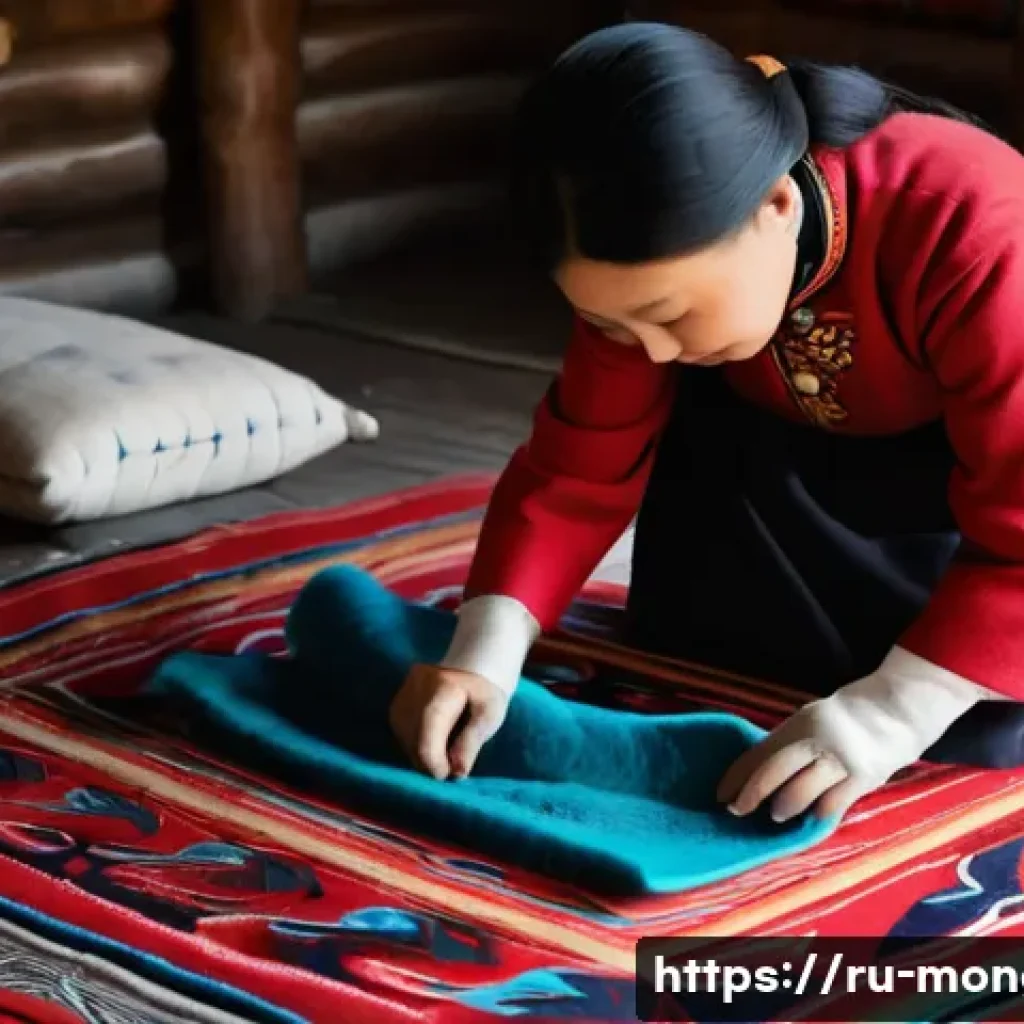몽골의 전통 수공예 공방 - **Subject:** A Mongolian female artisan, fully clothed in traditional deel, meticulously working on ...
