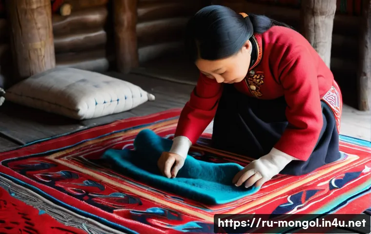 몽골의 전통 수공예 공방 - **Subject:** A Mongolian female artisan, fully clothed in traditional deel, meticulously working on ...