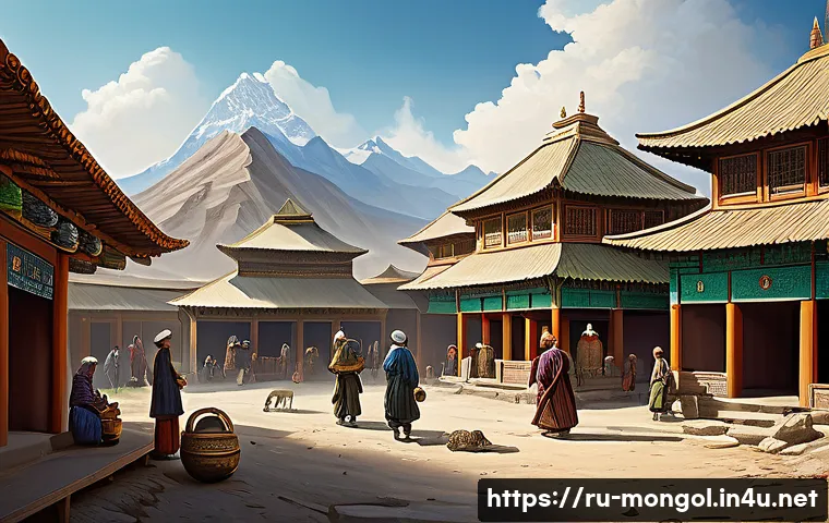 몽골 고대 유적지 - **A vibrant historical illustration of the ancient city of Karakorum in its 13th-century prime.** Th...