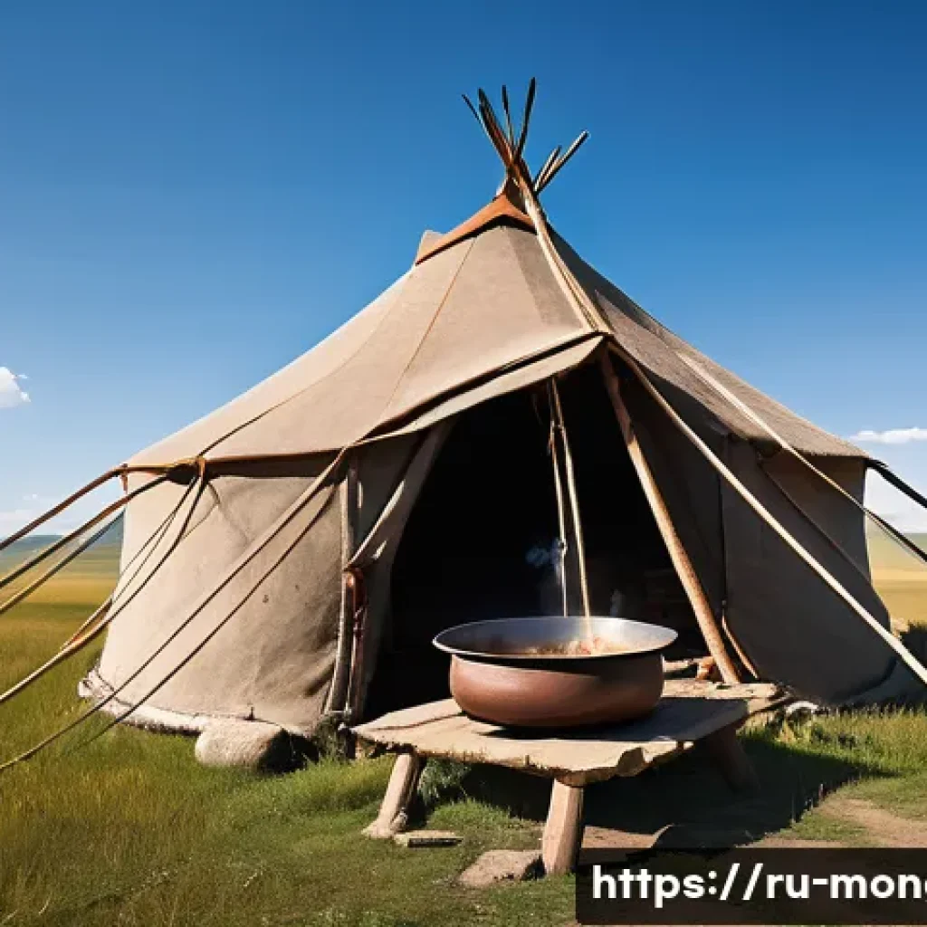 몽골 전통 음식의 유래 - A traditional Mongolian nomadic kitchen scene set outdoors on the vast steppe under a clear blue sky...