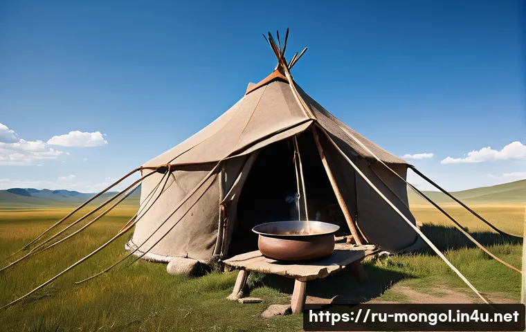 몽골 전통 음식의 유래 - A traditional Mongolian nomadic kitchen scene set outdoors on the vast steppe under a clear blue sky...