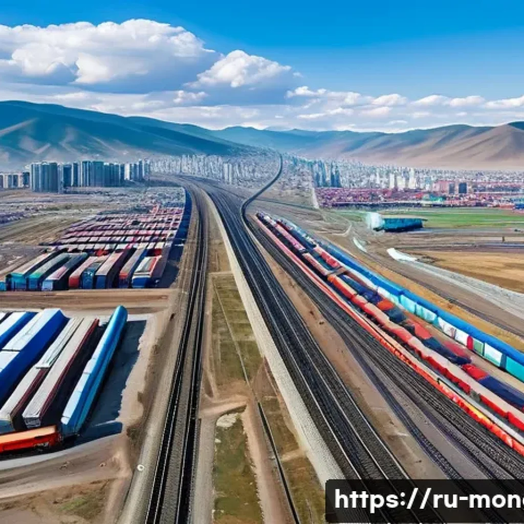 몽골과 유라시아 연결고리 - A modern Eurasian transport corridor scene featuring a bustling Mongolian logistics hub in Ulaanbaat...