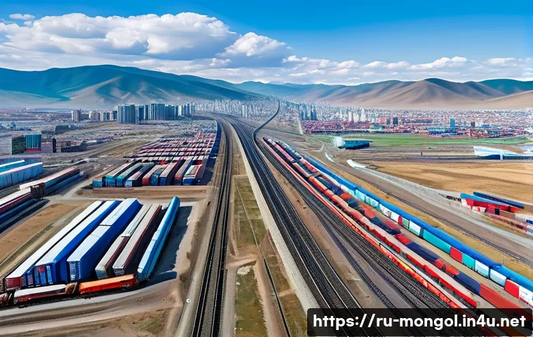 몽골과 유라시아 연결고리 - A modern Eurasian transport corridor scene featuring a bustling Mongolian logistics hub in Ulaanbaat...