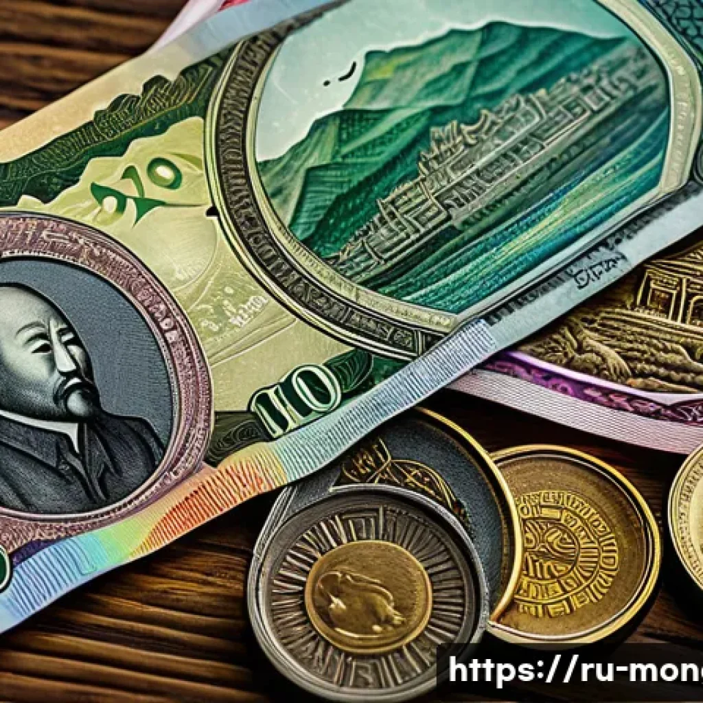몽골에서 사용되는 주요 화폐 - A detailed close-up of modern Mongolian banknotes and coins laid out on a wooden table, showcasing i...