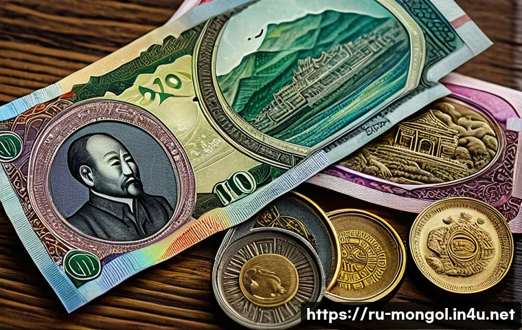 몽골에서 사용되는 주요 화폐 - A detailed close-up of modern Mongolian banknotes and coins laid out on a wooden table, showcasing i...