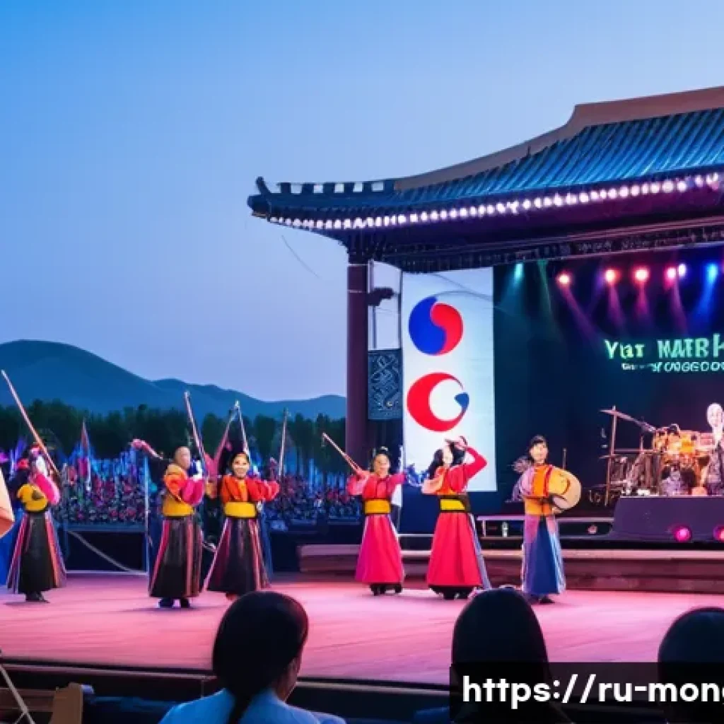 몽골과 한국의 문화 교류 - A vibrant cultural music festival scene featuring a diverse crowd of young Mongolian and South Korea...
