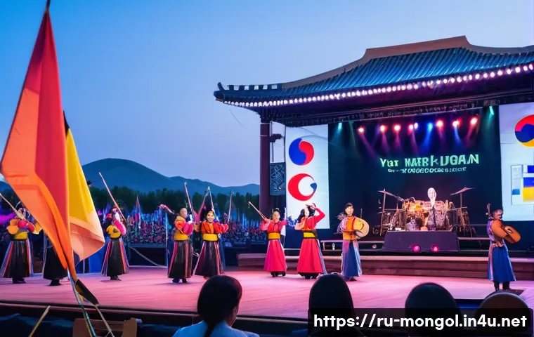 몽골과 한국의 문화 교류 - A vibrant cultural music festival scene featuring a diverse crowd of young Mongolian and South Korea...