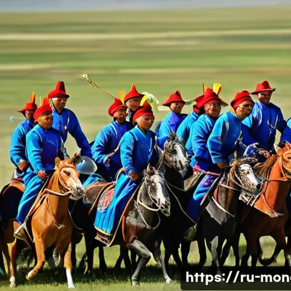 몽골의 전통적 명절 행사 - A vibrant scene of the Naadam festival in Mongolia featuring traditional horse racing on vast open s...