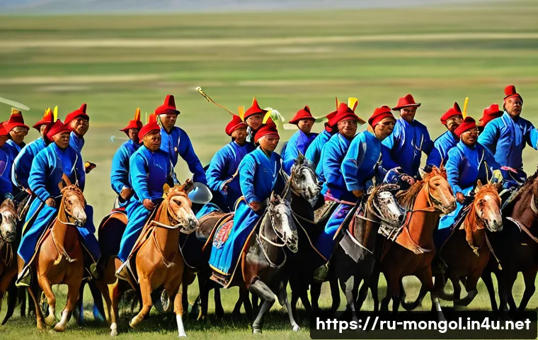 몽골의 전통적 명절 행사 - A vibrant scene of the Naadam festival in Mongolia featuring traditional horse racing on vast open s...