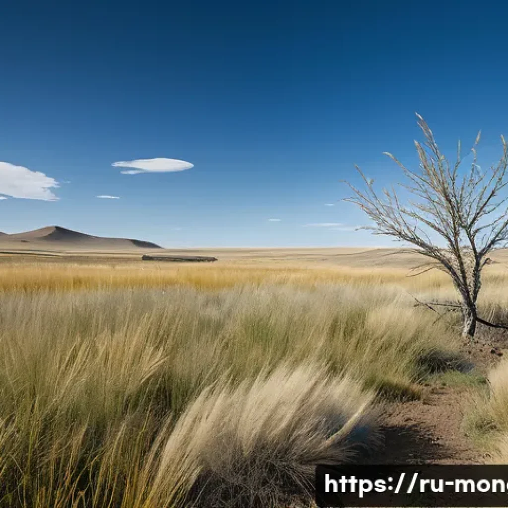 몽골의 자생 식물 - A detailed scene of the Mongolian steppe during a dry season, showcasing feather grass (Stipa pennat...