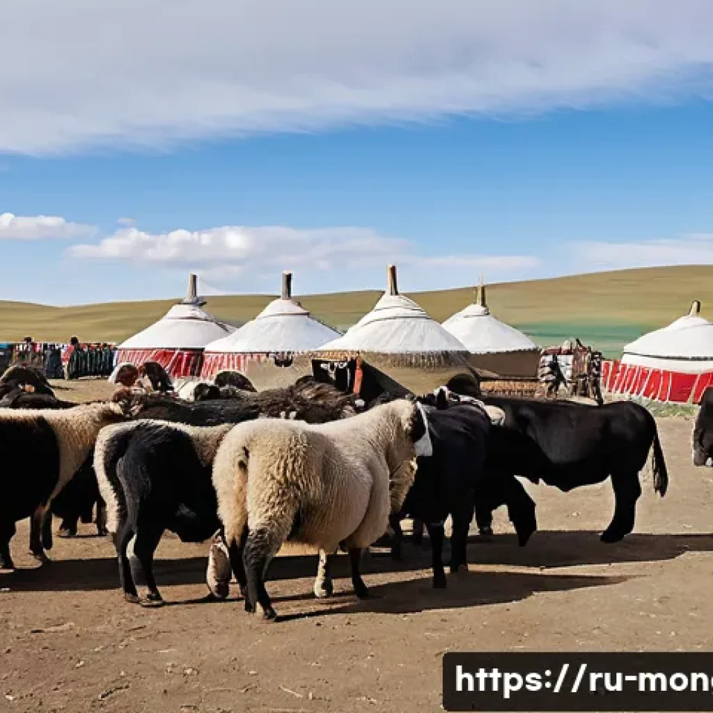몽골에서의 가축 시장 - A bustling traditional Mongolian livestock market scene in early autumn, featuring distinct trading ...