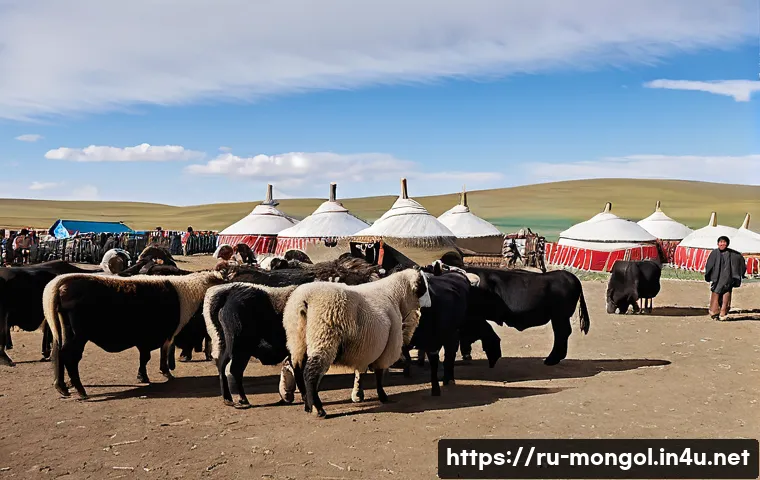 몽골에서의 가축 시장 - A bustling traditional Mongolian livestock market scene in early autumn, featuring distinct trading ...