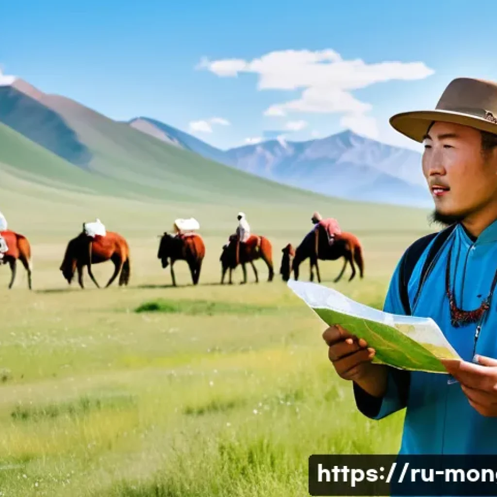 몽골 가이드 투어 선택법 - A professional Mongolian tour guide leading a diverse group of tourists through the vast Mongolian s...