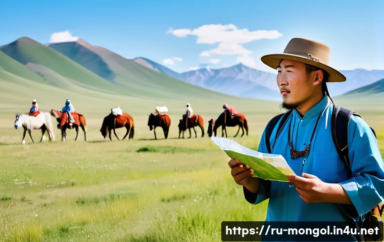 몽골 가이드 투어 선택법 - A professional Mongolian tour guide leading a diverse group of tourists through the vast Mongolian s...