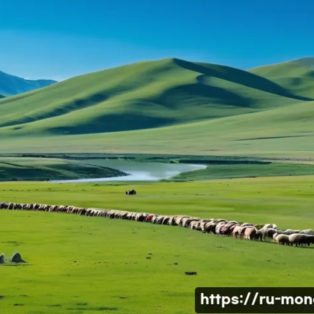 몽골의 독특한 지리적 특징 - A panoramic view of the vast Mongolian steppes during spring, featuring nomadic herders in tradition...