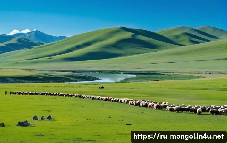 몽골의 독특한 지리적 특징 - A panoramic view of the vast Mongolian steppes during spring, featuring nomadic herders in tradition...