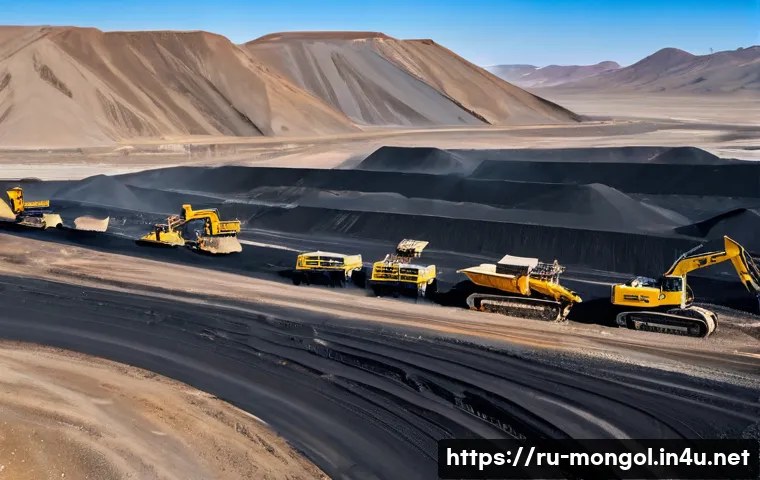 몽골에서의 자원 채굴 사업 - A panoramic view of the vast Tavan Tolgoi coal mining complex in Mongolia, showing large automated e...