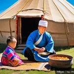 몽골의 전통적 가족 가치 - A traditional Mongolian family scene set in a rural ger (yurt) environment during the day, featuring...