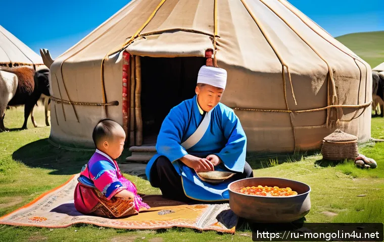 몽골의 전통적 가족 가치 - A traditional Mongolian family scene set in a rural ger (yurt) environment during the day, featuring...