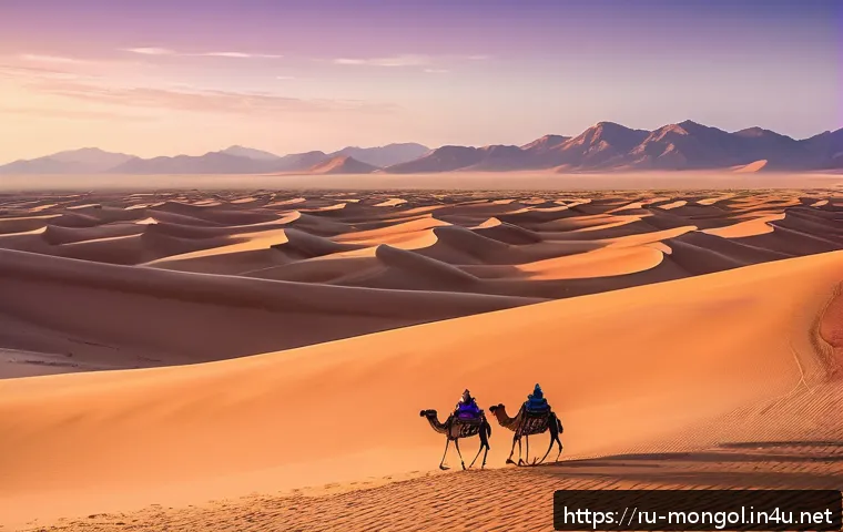 몽골의 주요 사진 명소 - A breathtaking sunrise scene over the Gobi Desert&rsquo;s towering sand dunes, where warm golden light cas...