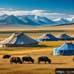 몽골 전통 서사시 - A vivid scene depicting a Mongolian nomadic encampment on the vast steppe under a wide blue sky, fea...