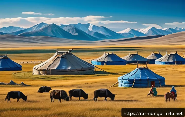 몽골 전통 서사시 - A vivid scene depicting a Mongolian nomadic encampment on the vast steppe under a wide blue sky, fea...