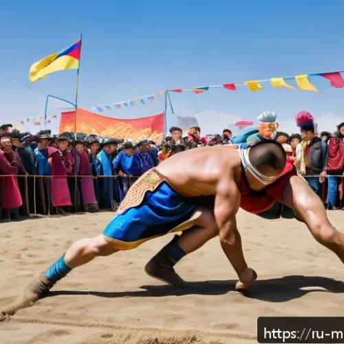 몽골 전통 씨름 경기 - A powerful scene of two traditional Mongolian wrestlers engaged in a dynamic wrestling match during ...