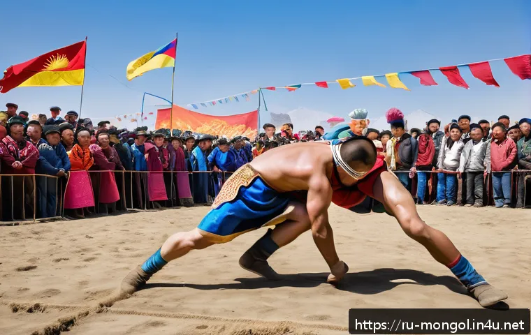 몽골 전통 씨름 경기 - A powerful scene of two traditional Mongolian wrestlers engaged in a dynamic wrestling match during ...