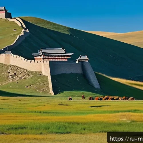칭기즈칸 유적지 - A majestic ancient Mongolian fortress atop a rugged hill under a wide blue sky, showcasing weathered...